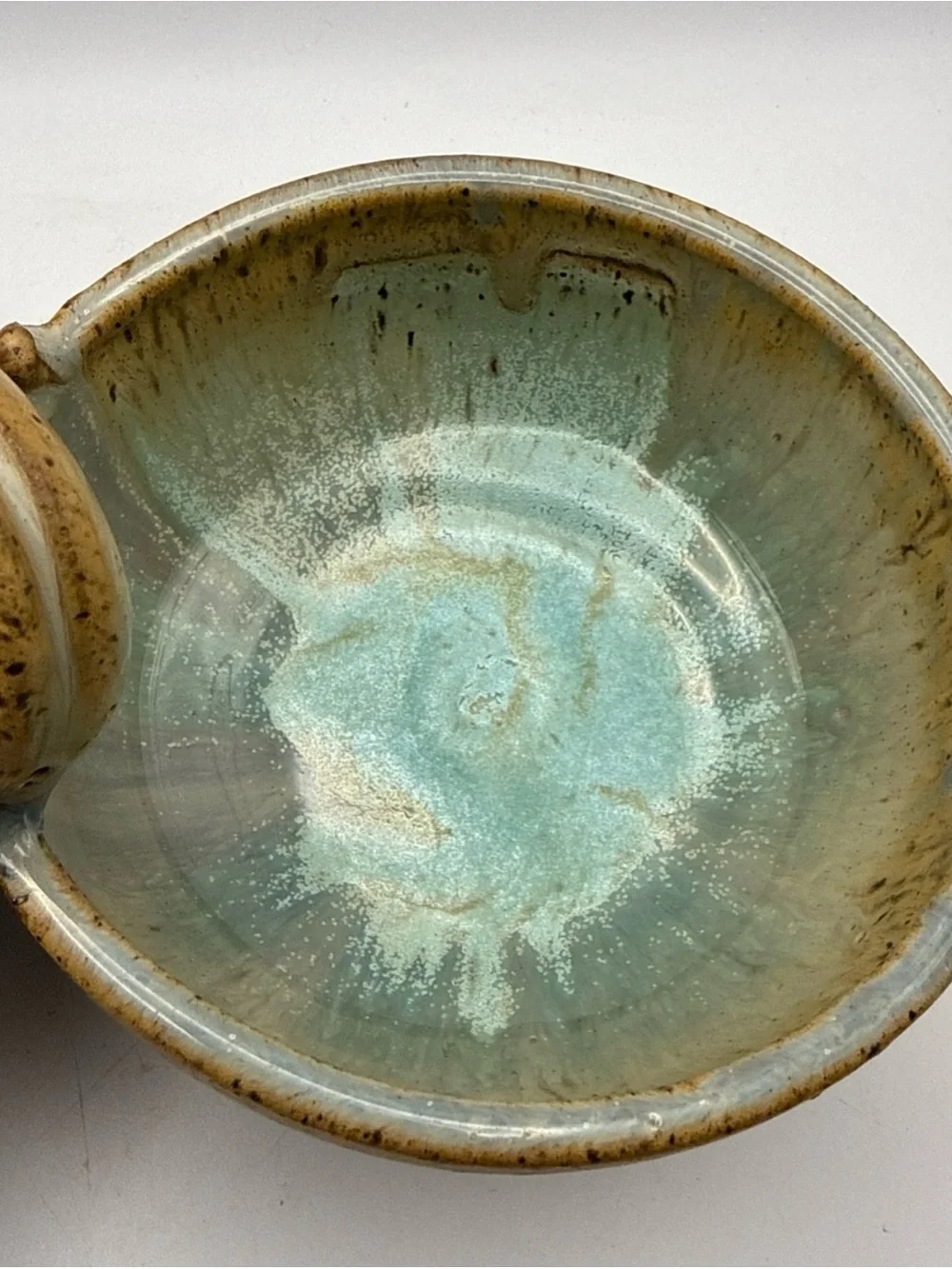 Studio Handmade Pottery Double Serving Dish Aqua Blue Periwinkle & Brown Signed